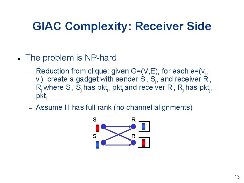 GIAC Complexity: Receiver Side The problem is NP-hard Reduction from clique: given G=(V, E),