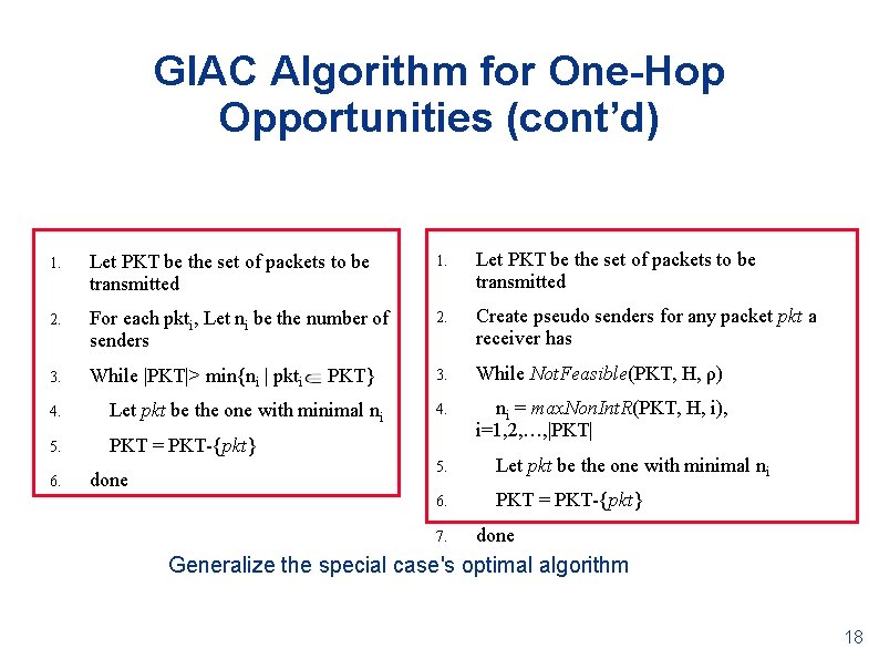 GIAC Algorithm for One-Hop Opportunities (cont’d) 1. Let PKT be the set of packets