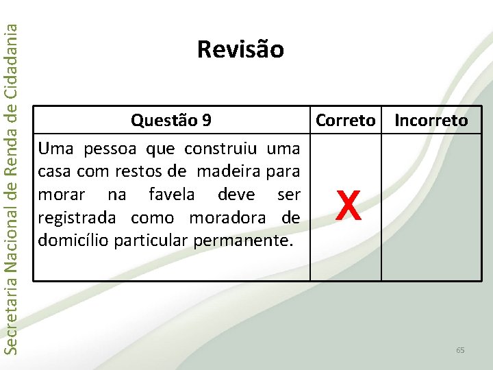 Secretaria Nacional de Renda de Cidadania Revisão Questão 9 Correto Incorreto Uma pessoa que