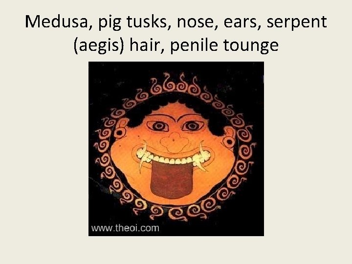 Medusa, pig tusks, nose, ears, serpent (aegis) hair, penile tounge 