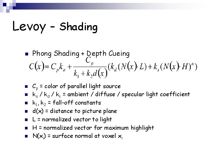 Levoy - Shading n n n n Phong Shading + Depth Cueing Cp =