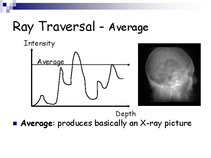 Ray Traversal - Average Intensity Average Depth n Average: produces basically an X-ray picture