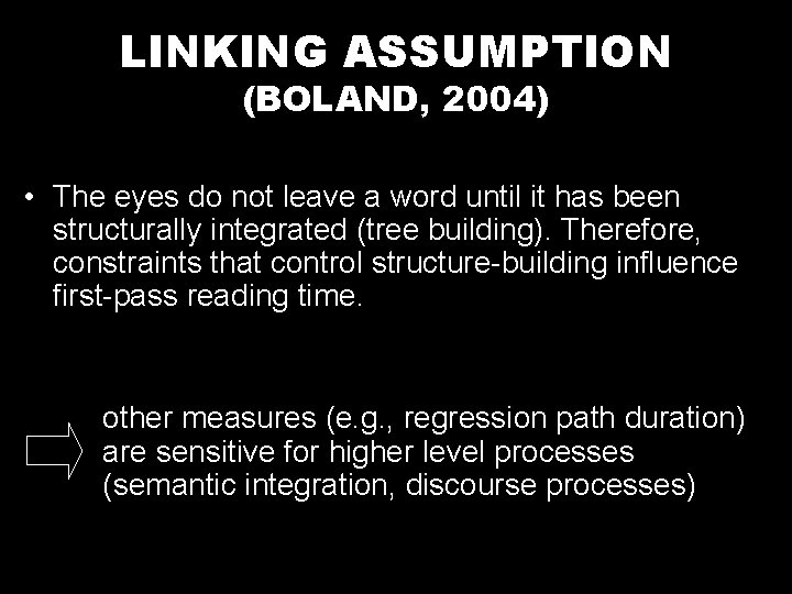 LINKING ASSUMPTION (BOLAND, 2004) • The eyes do not leave a word until it