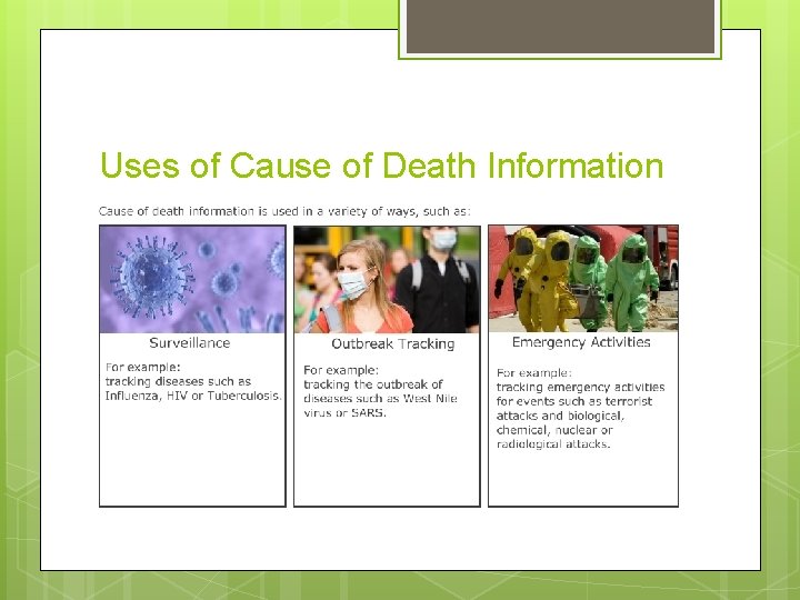 Uses of Cause of Death Information Uses of Cause of Death Information