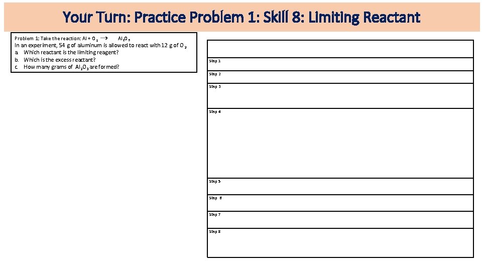 Your Turn: Practice Problem 1: Skill 8: Limiting Reactant Problem 1: Take the reaction: