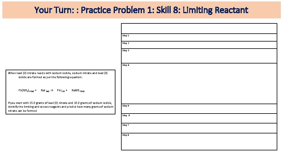 Your Turn: : Practice Problem 1: Skill 8: Limiting Reactant Step 1 Step 2
