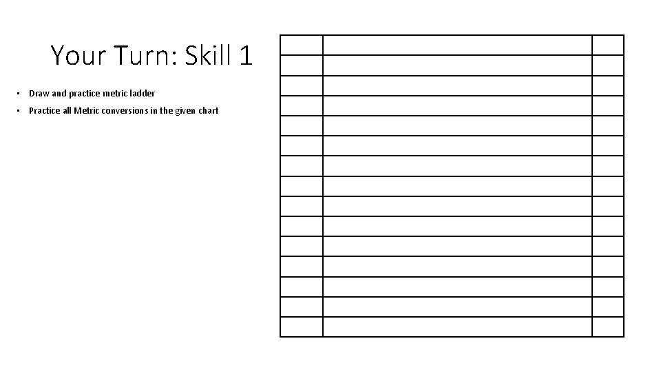 Your Turn: Skill 1 • Draw and practice metric ladder • Practice all Metric