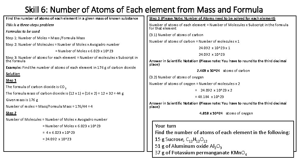 Skill 6: Number of Atoms of Each element from Mass and Formula Find the