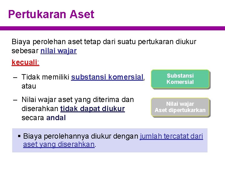 Pertukaran Aset Biaya perolehan aset tetap dari suatu pertukaran diukur sebesar nilai wajar kecuali: