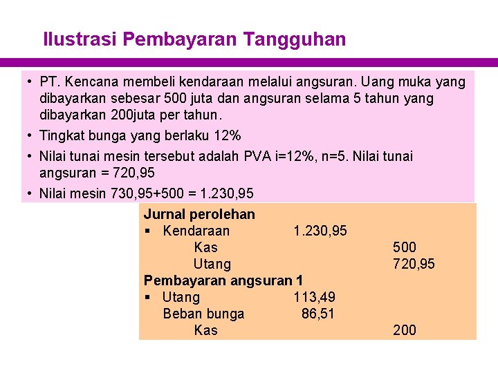 Ilustrasi Pembayaran Tangguhan • PT. Kencana membeli kendaraan melalui angsuran. Uang muka yang dibayarkan