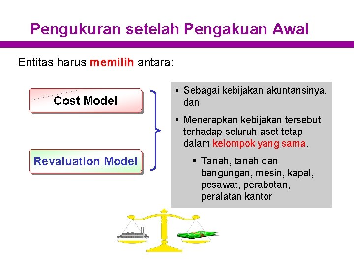 Pengukuran setelah Pengakuan Awal Entitas harus memilih antara: Cost Model § Sebagai kebijakan akuntansinya,