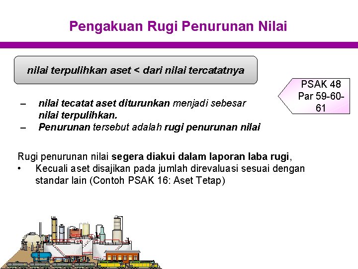 Pengakuan Rugi Penurunan Nilai nilai terpulihkan aset < dari nilai tercatatnya – – nilai