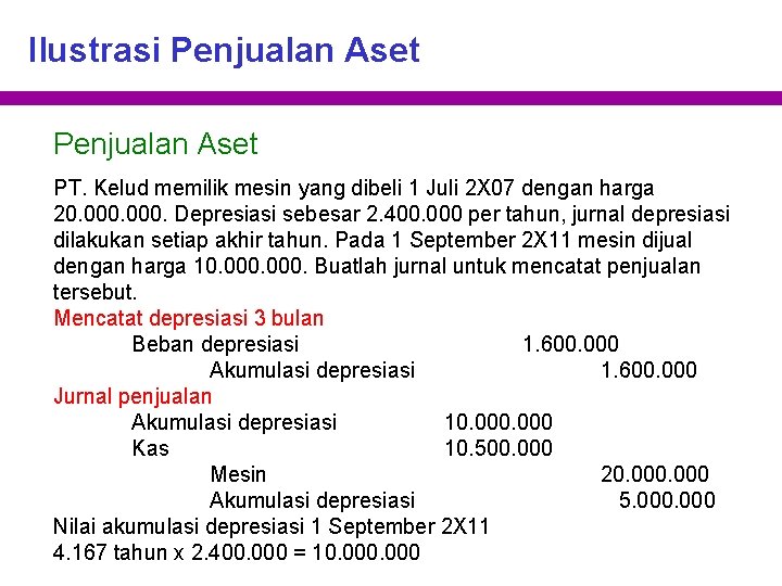 Ilustrasi Penjualan Aset PT. Kelud memilik mesin yang dibeli 1 Juli 2 X 07
