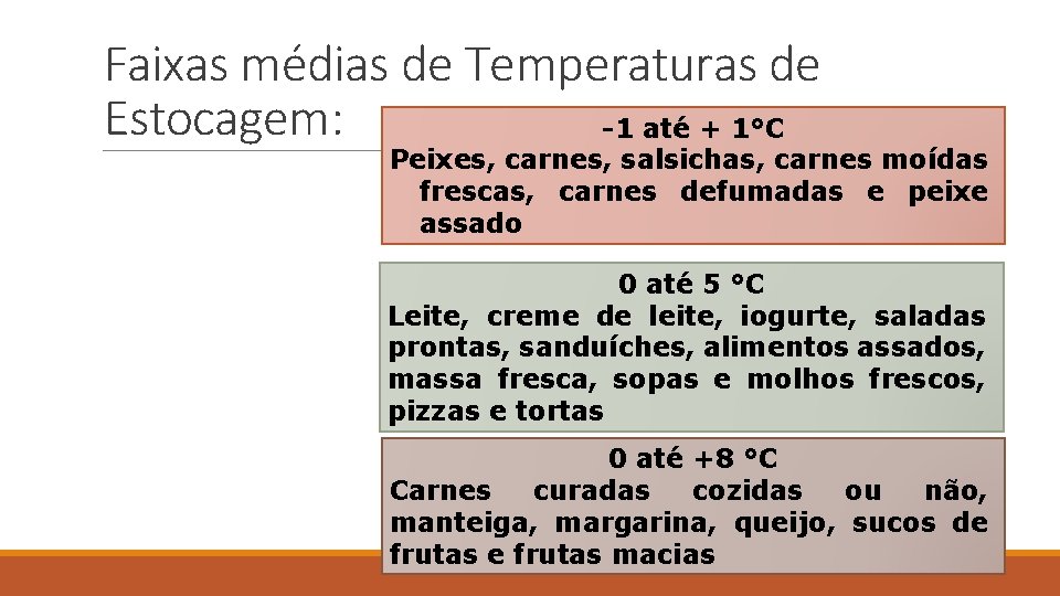 Faixas médias de Temperaturas de Estocagem: -1 até + 1°C Peixes, carnes, salsichas, carnes