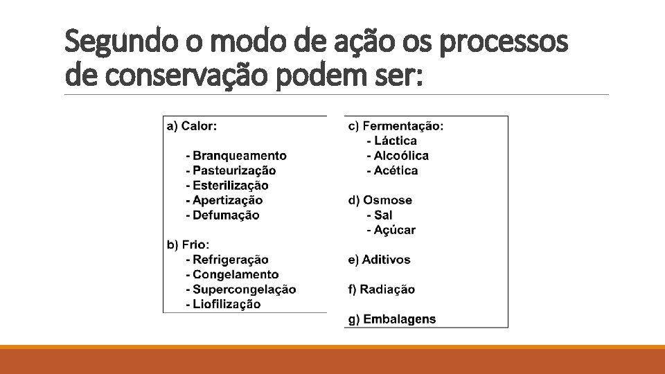 Segundo o modo de ação os processos de conservação podem ser: 