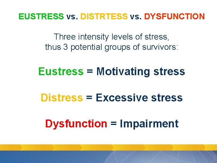 EUSTRESS vs. DISTRTESS vs. DYSFUNCTION Three intensity levels of stress, thus 3 potential groups EUSTRESS vs. DISTRTESS vs. DYSFUNCTION Three intensity levels of stress, thus 3 potential groups