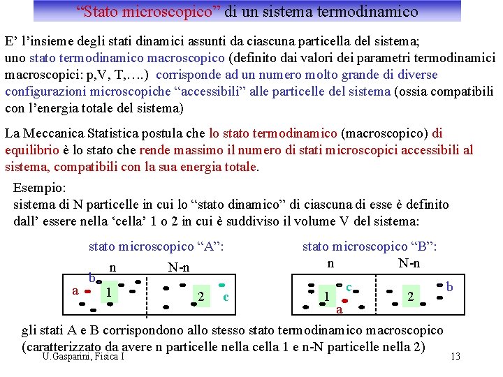 “Stato microscopico” di un sistema termodinamico E’ l’insieme degli stati dinamici assunti da ciascuna