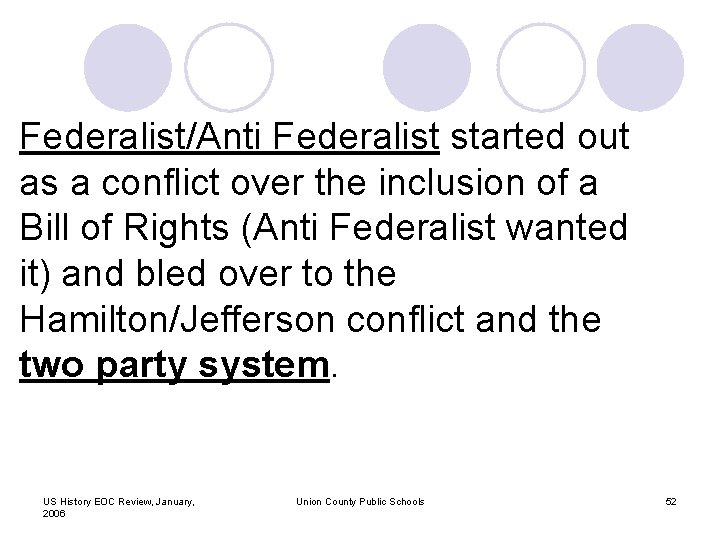 Federalist/Anti Federalist started out as a conflict over the inclusion of a Bill of