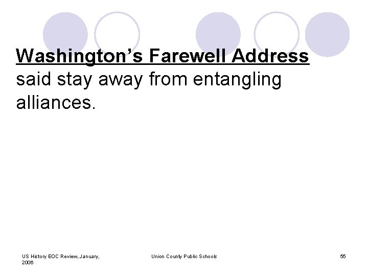 Washington’s Farewell Address said stay away from entangling alliances. US History EOC Review, January,