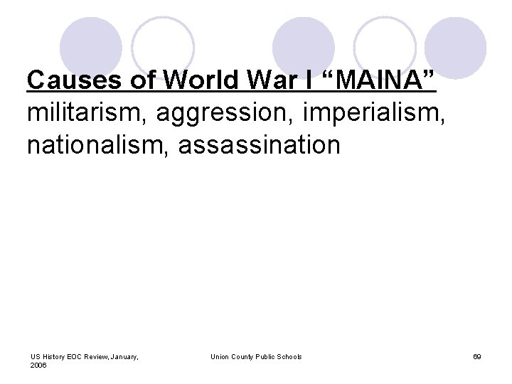 Causes of World War I “MAINA” militarism, aggression, imperialism, nationalism, assassination US History EOC