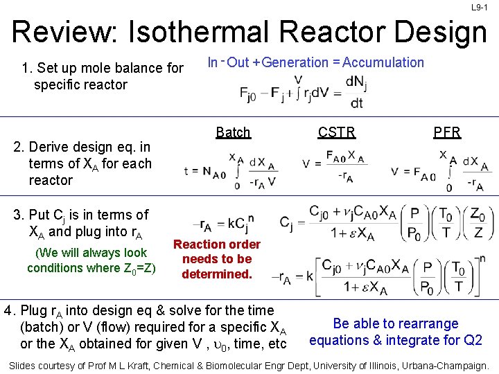 L 9 -1 Review: Isothermal Reactor Design 1. Set up mole balance for specific