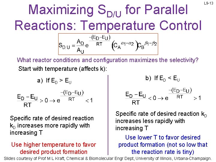Maximizing SD/U for Parallel Reactions: Temperature Control L 9 -13 What reactor conditions and