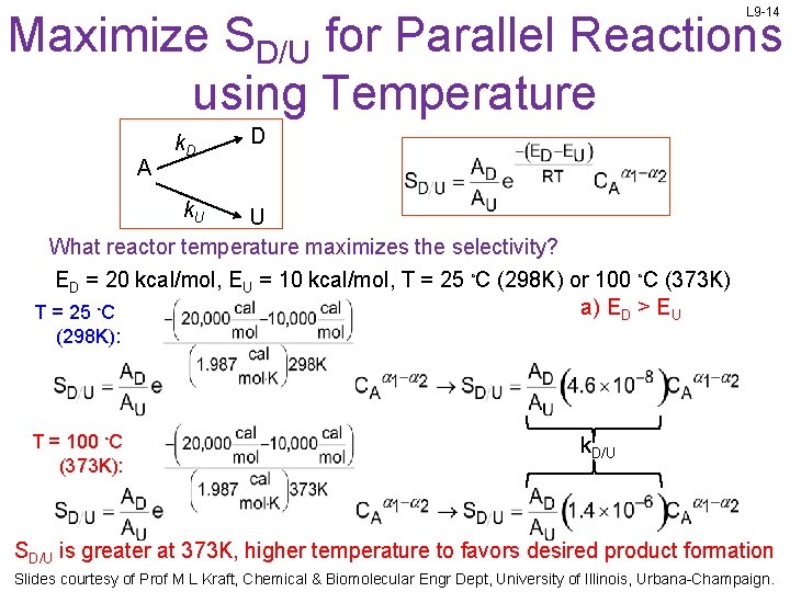 L 9 -14 Maximize SD/U for Parallel Reactions using Temperature A k. D D