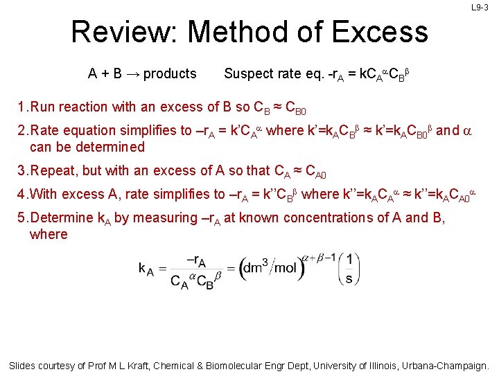 L 9 -3 Review: Method of Excess A + B → products Suspect rate