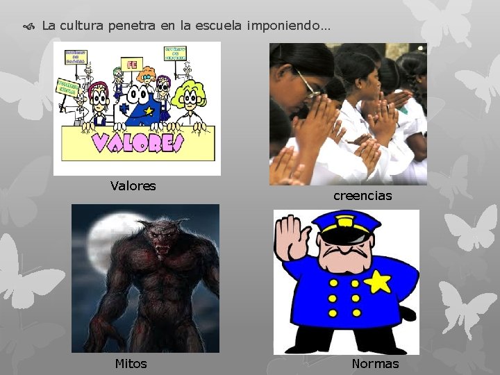  La cultura penetra en la escuela imponiendo… Valores Mitos creencias Normas 
