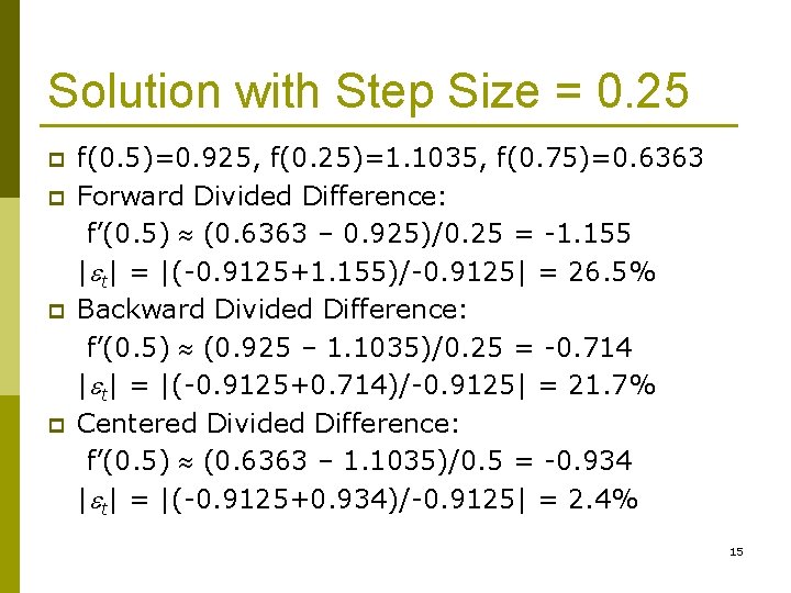 Solution with Step Size = 0. 25 p p f(0. 5)=0. 925, f(0. 25)=1.