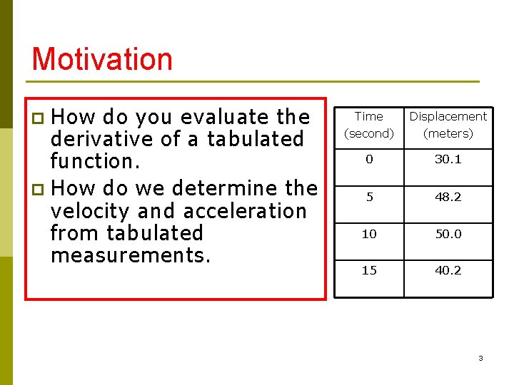 Motivation How do you evaluate the derivative of a tabulated function. p How do