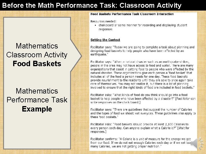 Before the Math Performance Task: Classroom Activity Mathematics Classroom Activity Food Baskets Mathematics Performance