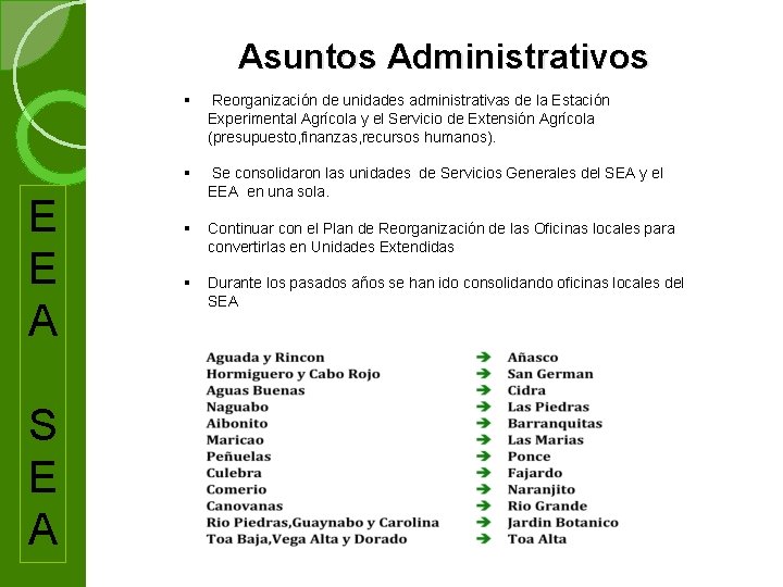 Asuntos Administrativos E E A § Reorganización de unidades administrativas de la Estación Experimental
