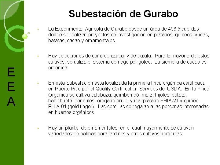 Subestación de Gurabo E E A • La Experimental Agrícola de Gurabo posee un