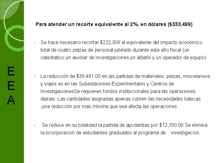  Para atender un recorte equivalente al 2%, en dólares ($333, 499) • Se