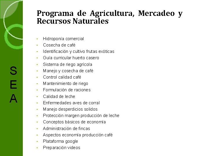 Programa de Agricultura, Mercadeo y Recursos Naturales • • S E A • •