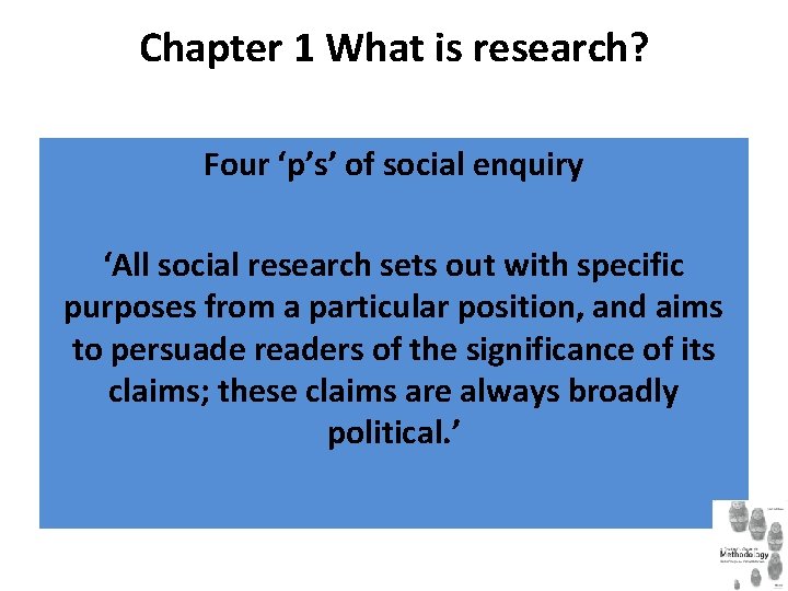 Chapter 1 What is research? Four ‘p’s’ of social enquiry ‘All social research sets