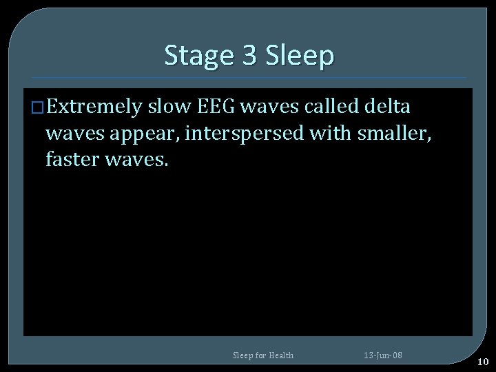 Stage 3 Sleep �Extremely slow EEG waves called delta waves appear, interspersed with smaller, Stage 3 Sleep �Extremely slow EEG waves called delta waves appear, interspersed with smaller,