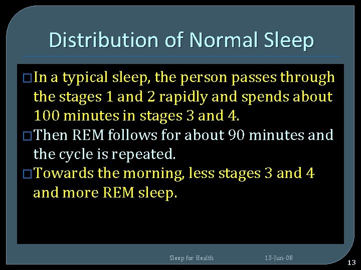 Distribution of Normal Sleep �In a typical sleep, the person passes through the stages Distribution of Normal Sleep �In a typical sleep, the person passes through the stages