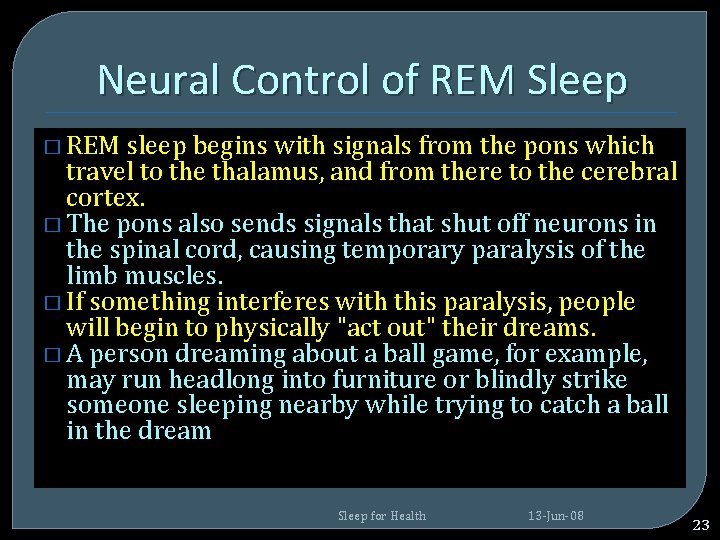 Neural Control of REM Sleep � REM sleep begins with signals from the pons Neural Control of REM Sleep � REM sleep begins with signals from the pons