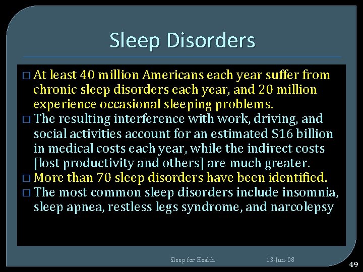 Sleep Disorders � At least 40 million Americans each year suffer from chronic sleep Sleep Disorders � At least 40 million Americans each year suffer from chronic sleep