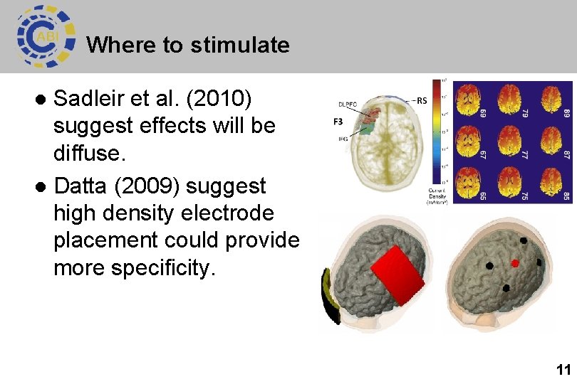 Where to stimulate Sadleir et al. (2010) suggest effects will be diffuse. l Datta