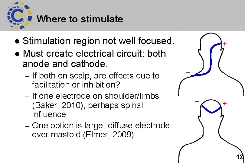 Where to stimulate Stimulation region not well focused. l Must create electrical circuit: both