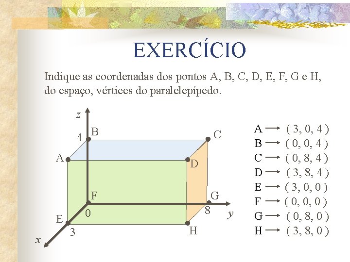 EXERCÍCIO Indique as coordenadas dos pontos A, B, C, D, E, F, G e