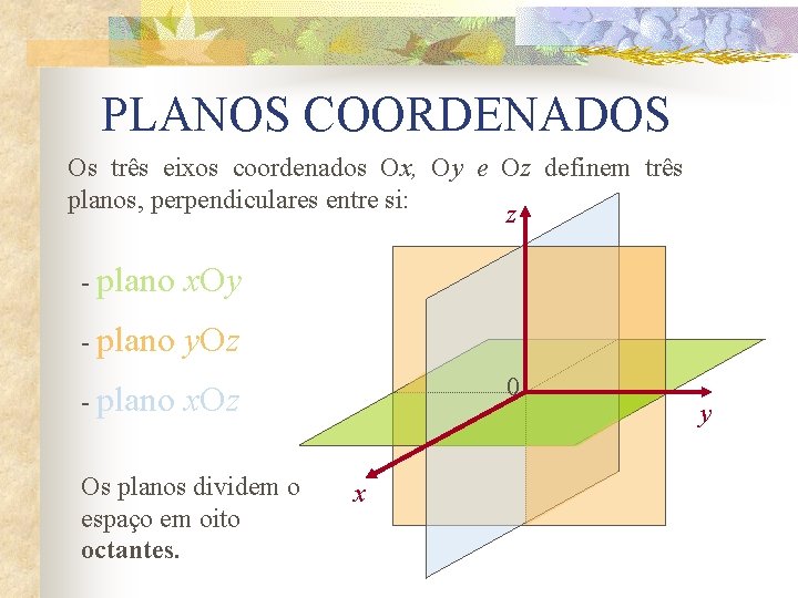 PLANOS COORDENADOS Os três eixos coordenados Ox, Oy e Oz definem três planos, perpendiculares