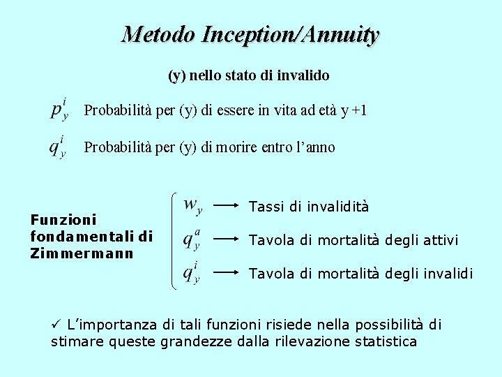 Metodo Inception/Annuity (y) nello stato di invalido Probabilità per (y) di essere in vita