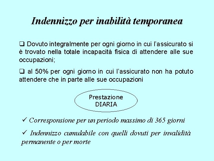 Indennizzo per inabilità temporanea q Dovuto integralmente per ogni giorno in cui l’assicurato si