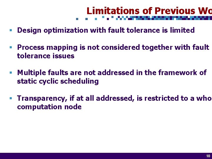 Limitations of Previous Wo § Design optimization with fault tolerance is limited § Process