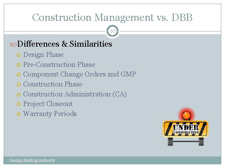 Construction Management vs. DBB 10 Differences & Similarities Design Phase Pre-Construction Phase Component Change