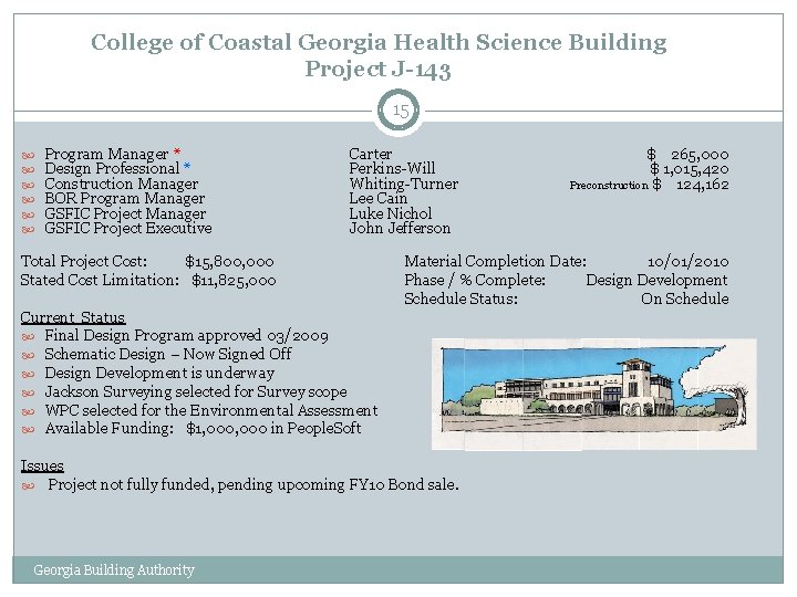 College of Coastal Georgia Health Science Building Project J-143 15 Program Manager * Design